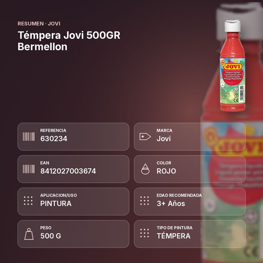 TÉMPERA JOVI 500GR BERMELLON - resumen de atributos