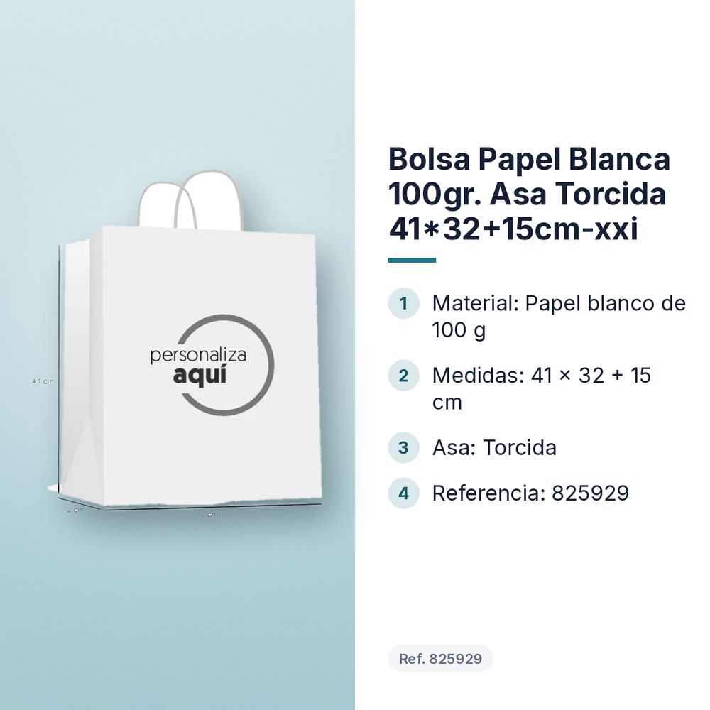 BOLSA PAPEL BLANCA 100GR. ASA TORCIDA 41*32+15CM-XXI  - características principales
