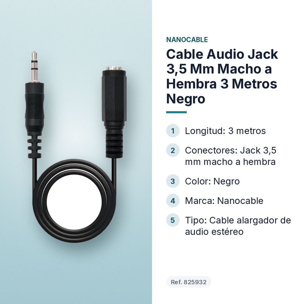 CABLE AUDIO JACK 3,5 MM MACHO A HEMBRA 3 METROS NEGRO - características principales