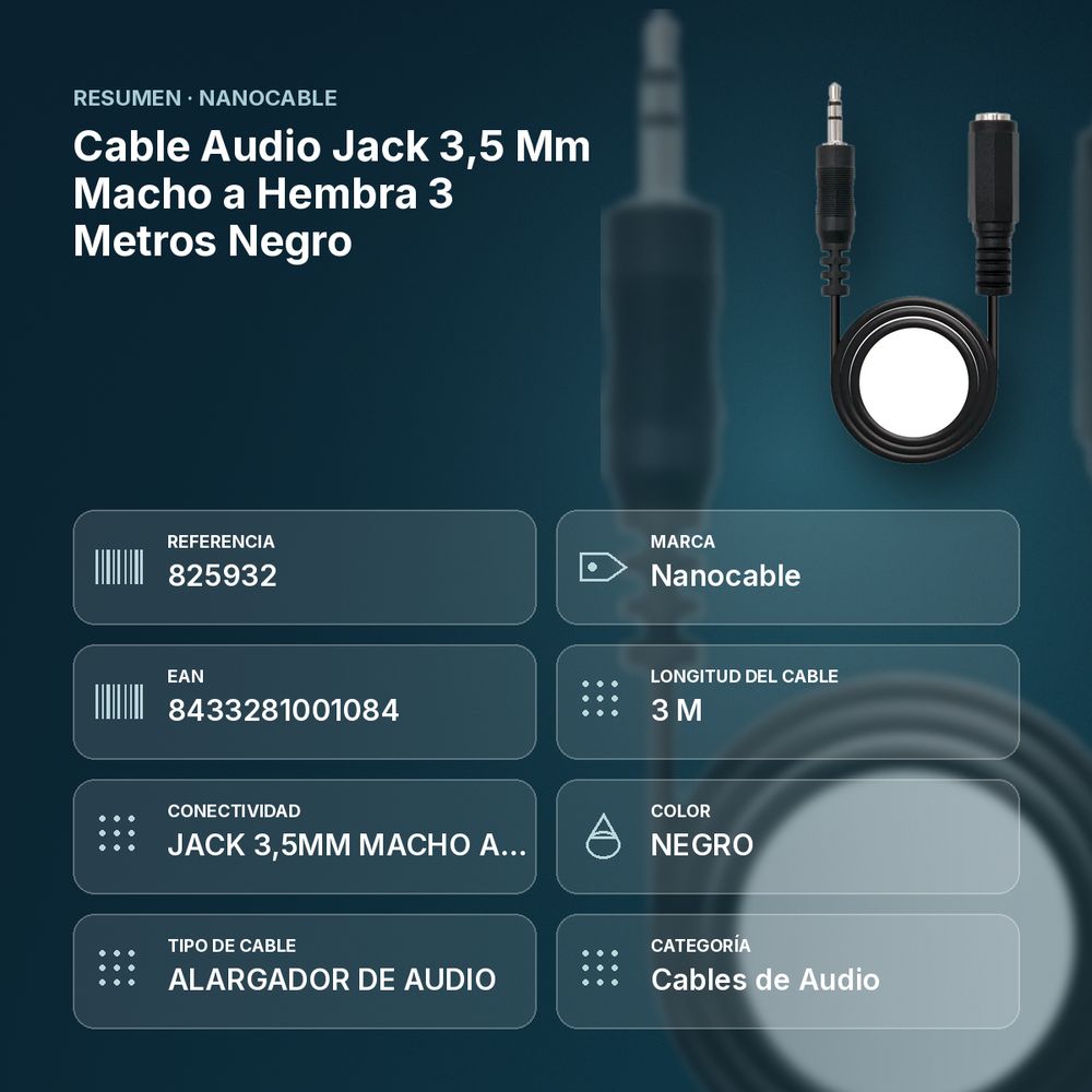 CABLE AUDIO JACK 3,5 MM MACHO A HEMBRA 3 METROS NEGRO - resumen de atributos
