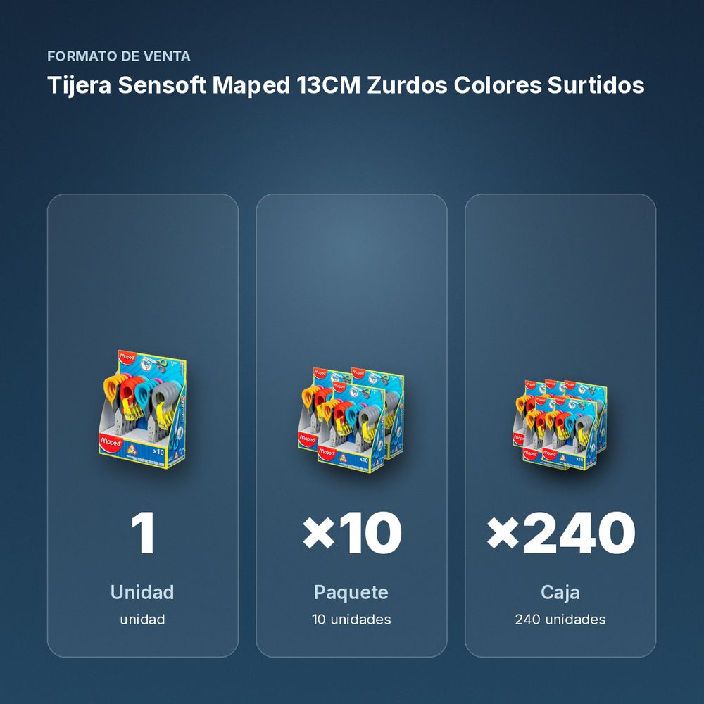 TIJERA SENSOFT MAPED 13CM ZURDOS COLORES SURTIDOS - formato de venta: paquete de 10, caja de 240