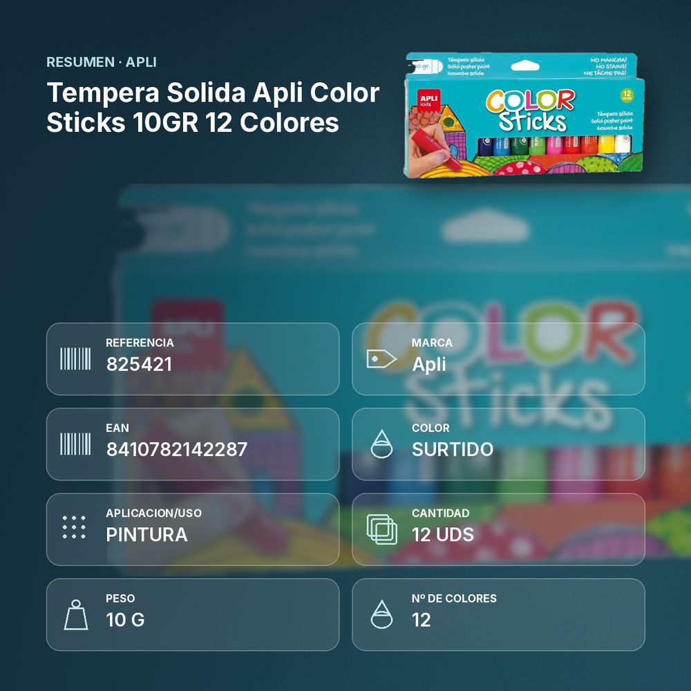 TEMPERA SOLIDA APLI COLOR STICKS 10GR 12  COLORES - resumen de atributos