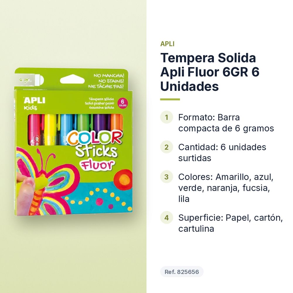 TEMPERA SOLIDA APLI FLUOR 6GR 6 UNIDADES - características principales