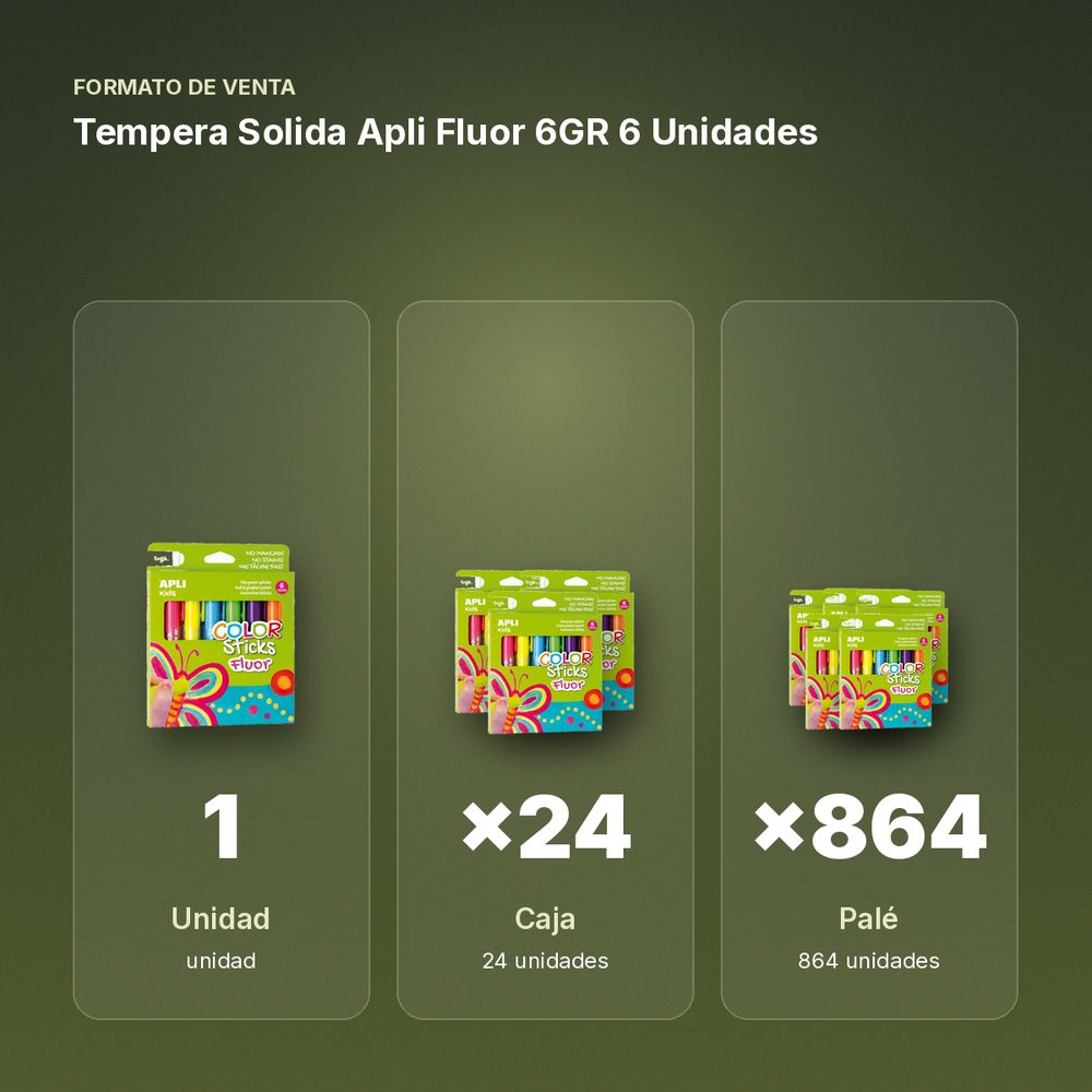 TEMPERA SOLIDA APLI FLUOR 6GR 6 UNIDADES - formato de venta: caja de 24, palé de 864