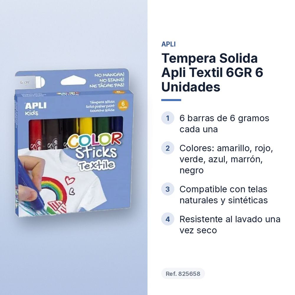 TEMPERA SOLIDA APLI TEXTIL 6GR 6 UNIDADES - características principales