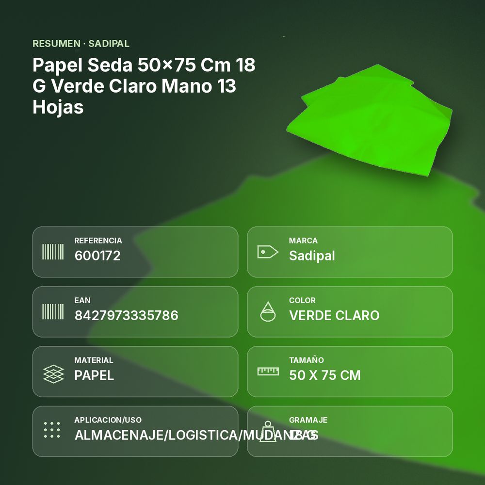 PAPEL SEDA 50×75 CM 18 G VERDE CLARO MANO 13 HOJAS - resumen de atributos