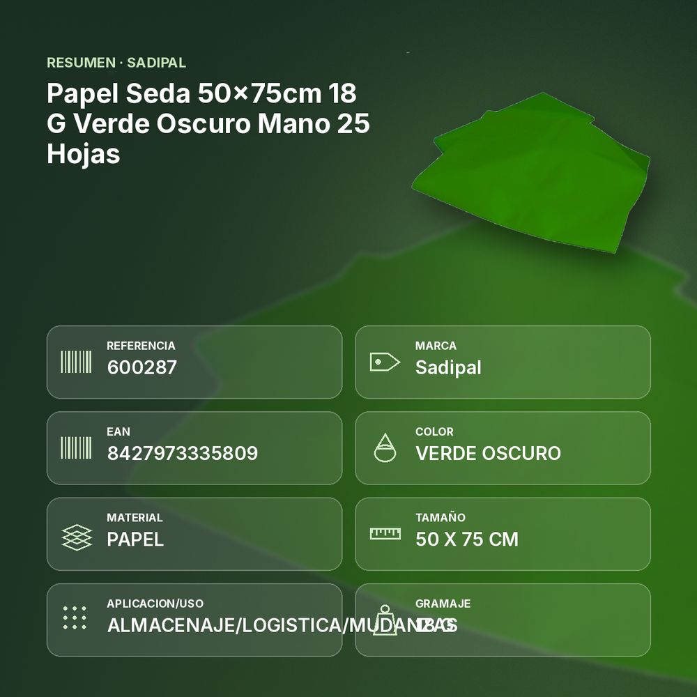 PAPEL SEDA 50×75CM 18 G VERDE OSCURO MANO 25 HOJAS - resumen de atributos