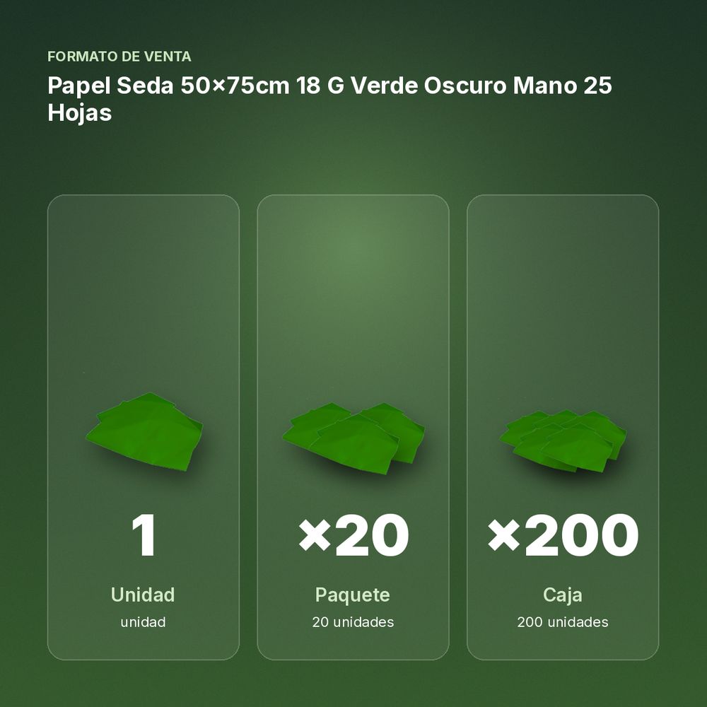 PAPEL SEDA 50×75CM 18 G VERDE OSCURO MANO 25 HOJAS - formato de venta: paquete de 20, caja de 200