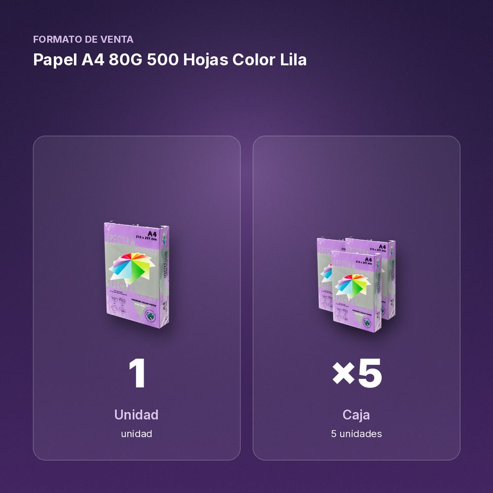 PAPEL A4 80G 500 HOJAS COLOR LILA - formato de venta: caja de 5