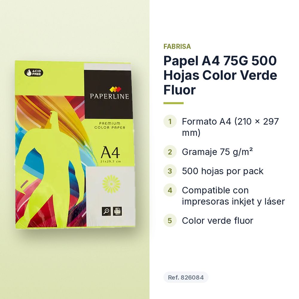 PAPEL A4 75G 500 HOJAS COLOR VERDE FLUOR - características principales