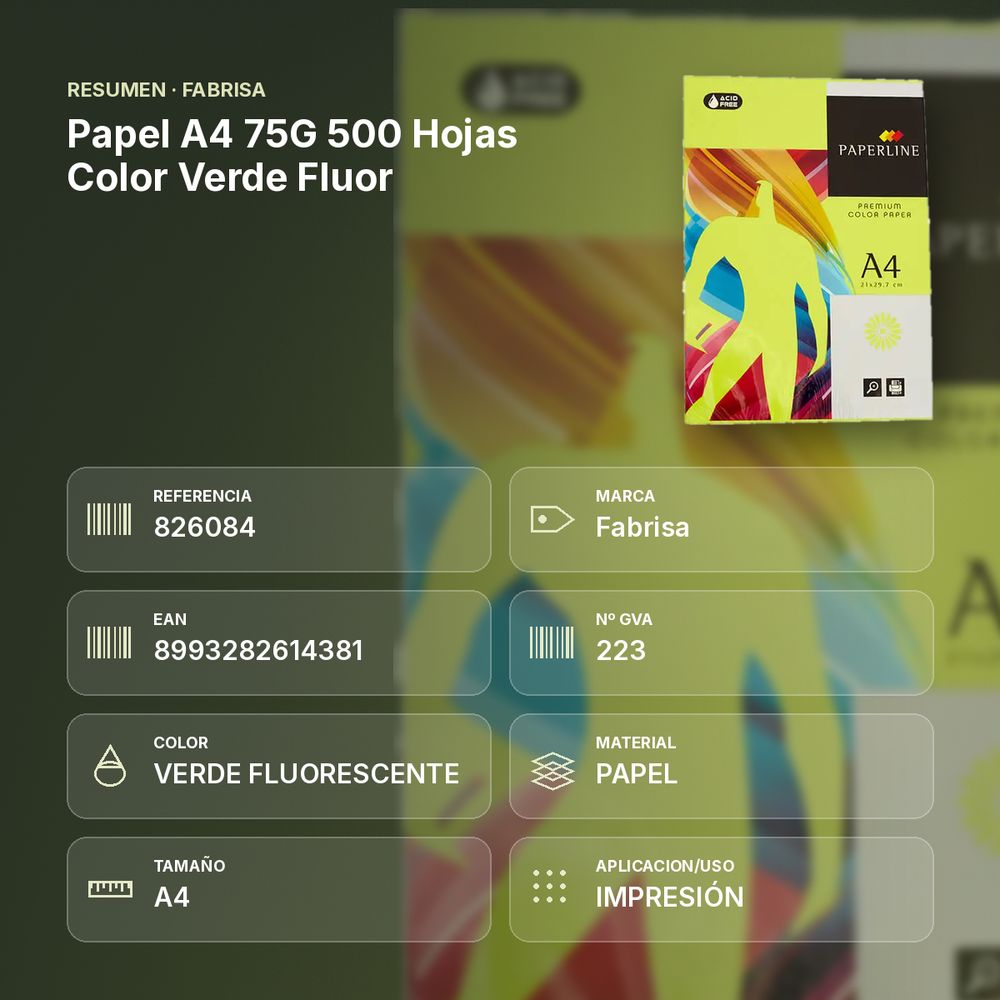 PAPEL A4 75G 500 HOJAS COLOR VERDE FLUOR - resumen de atributos