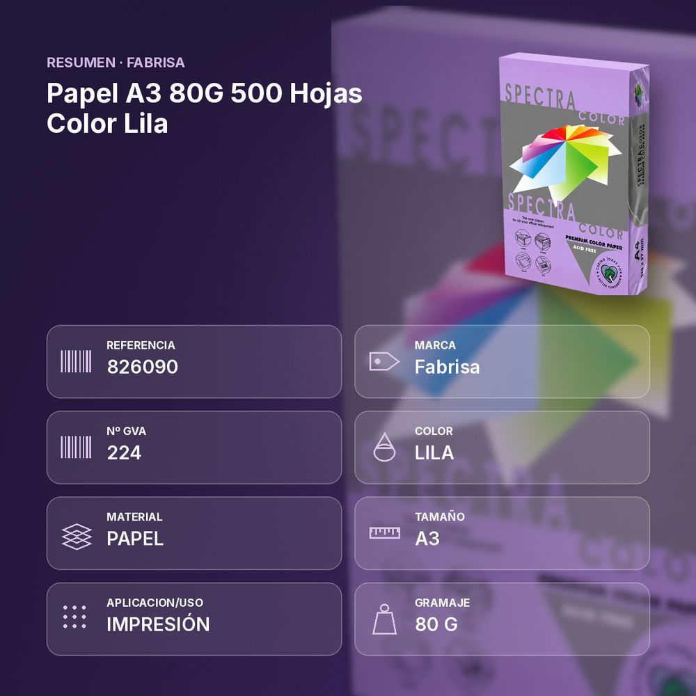 PAPEL A3 80G 500 HOJAS COLOR LILA - resumen de atributos