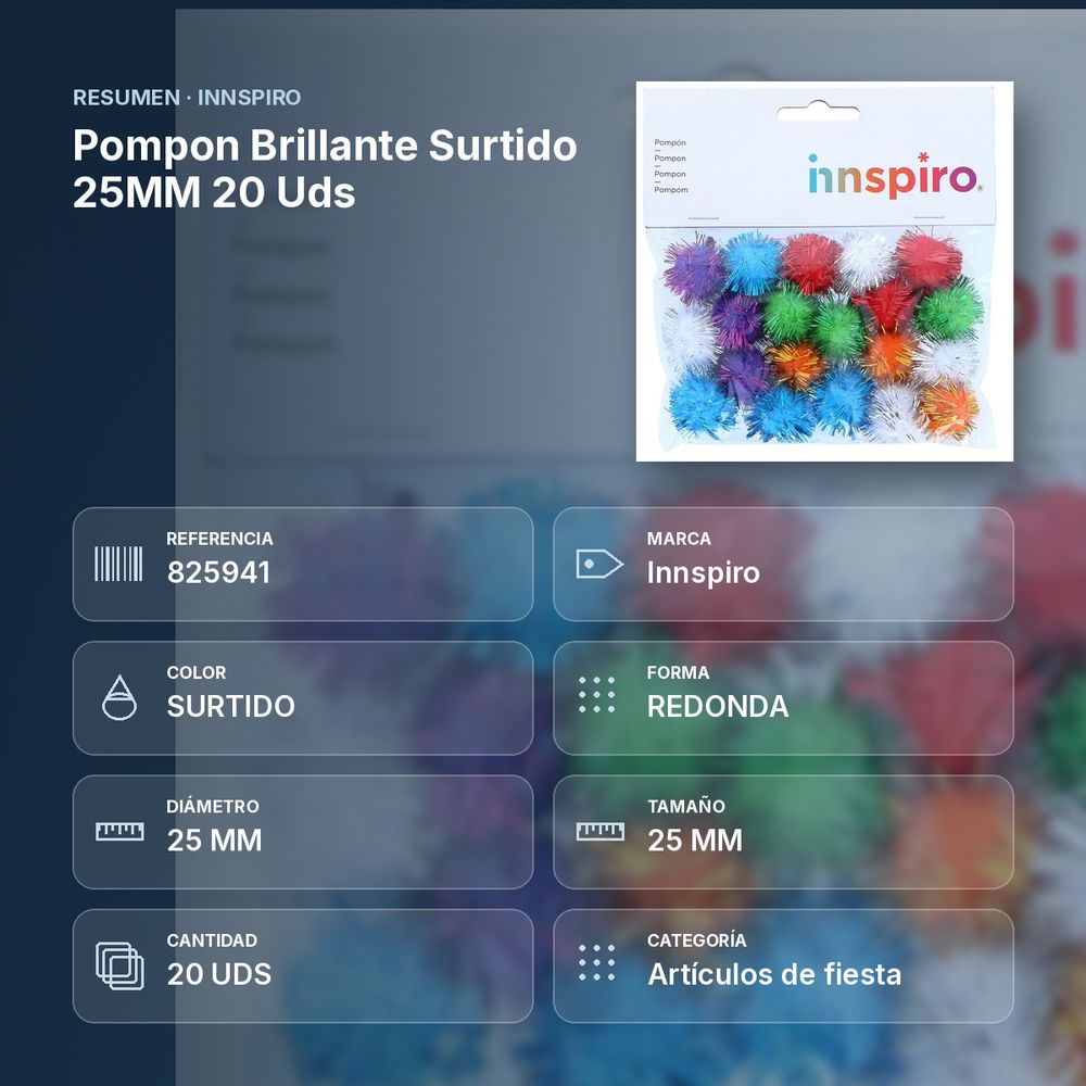POMPON BRILLANTE SURTIDO 25MM 20 UDS - resumen de atributos