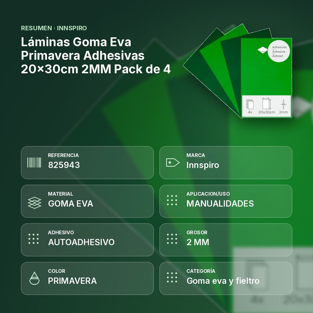 LÁMINAS GOMA EVA PRIMAVERA ADHESIVAS 20×30CM 2MM PACK DE 4 - resumen de atributos