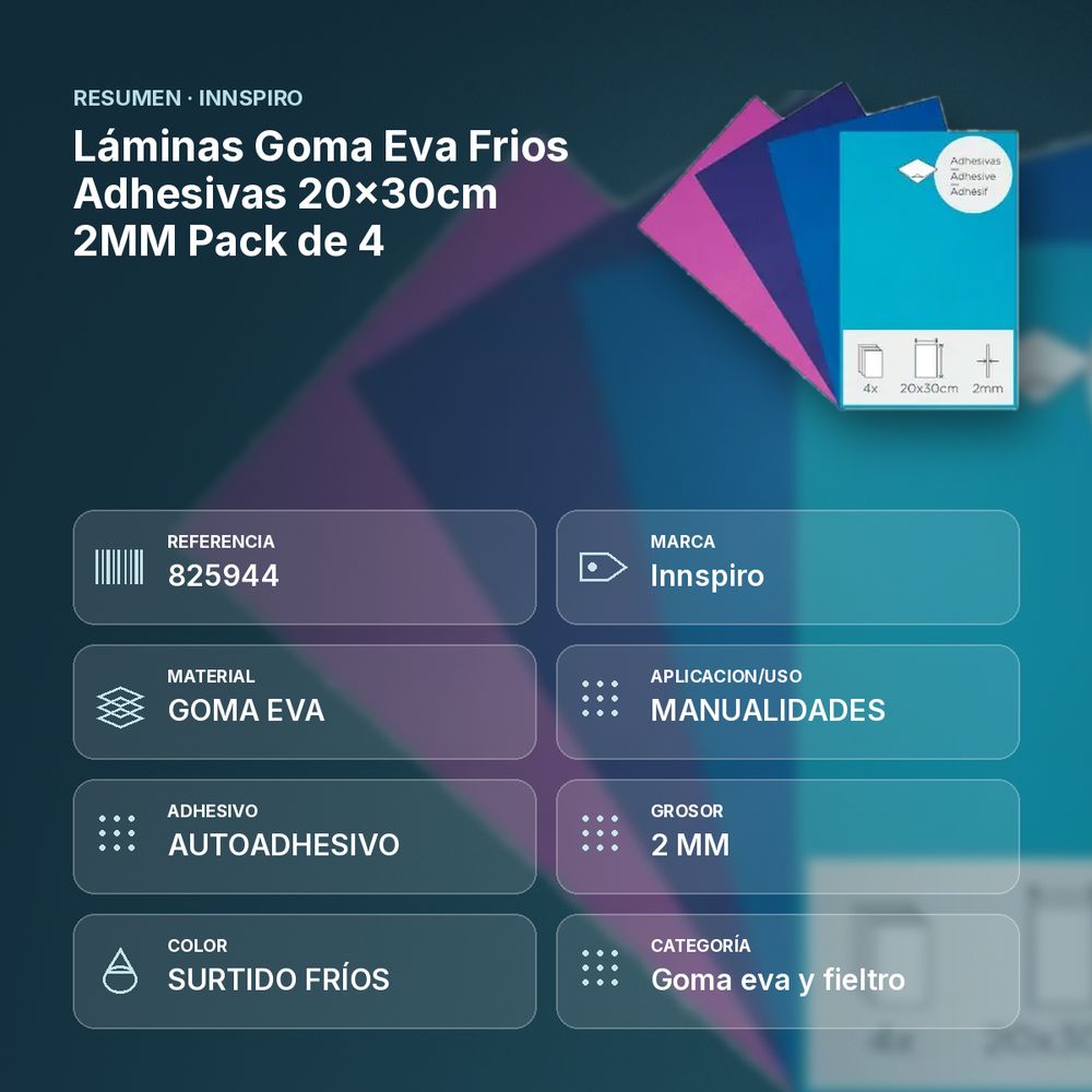 LÁMINAS GOMA EVA FRIOS ADHESIVAS 20×30CM 2MM PACK DE 4 - resumen de atributos