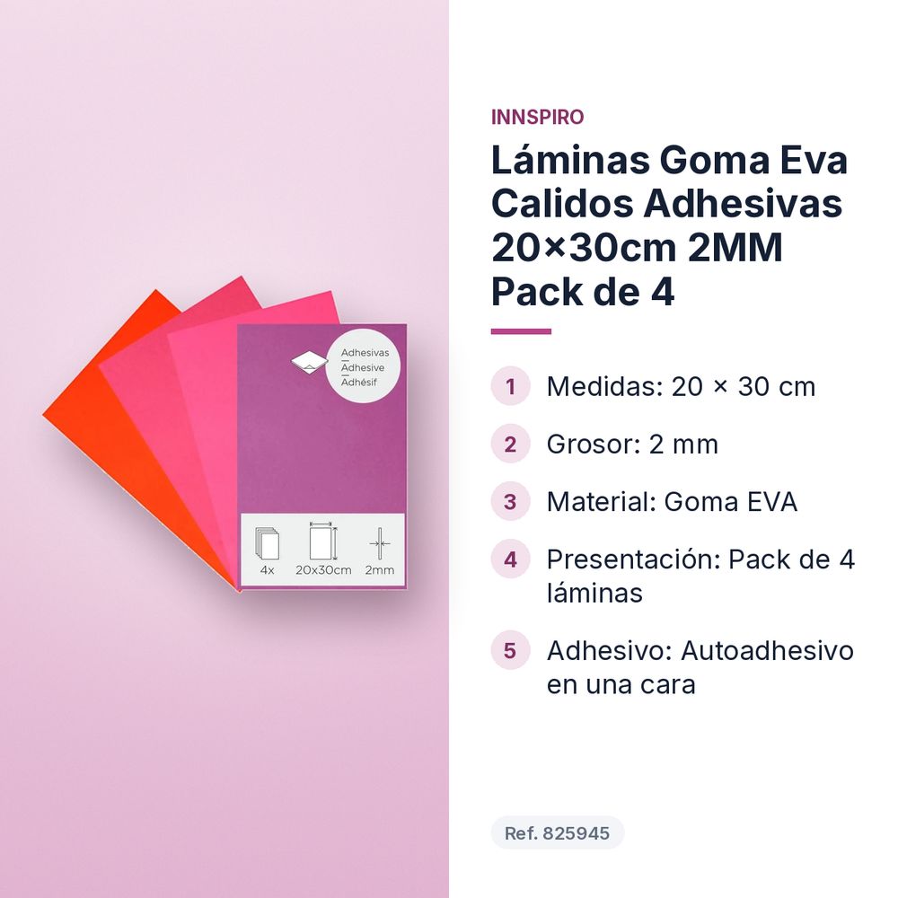 LÁMINAS GOMA EVA CALIDOS ADHESIVAS 20×30CM 2MM PACK DE 4 - características principales
