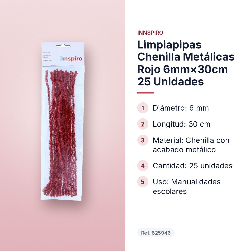 LIMPIAPIPAS CHENILLA METÁLICAS ROJO 6MM×30CM 25 UNIDADES - características principales