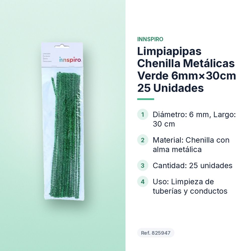 LIMPIAPIPAS CHENILLA METÁLICAS VERDE 6MM×30CM 25 UNIDADES - características principales