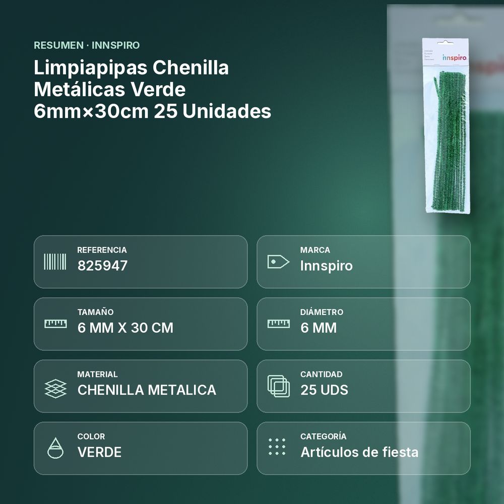 LIMPIAPIPAS CHENILLA METÁLICAS VERDE 6MM×30CM 25 UNIDADES - resumen de atributos