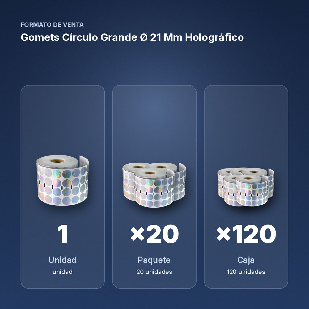 GOMETS CÍRCULO GRANDE Ø 21 MM HOLOGRÁFICO  - formato de venta: paquete de 20, caja de 120