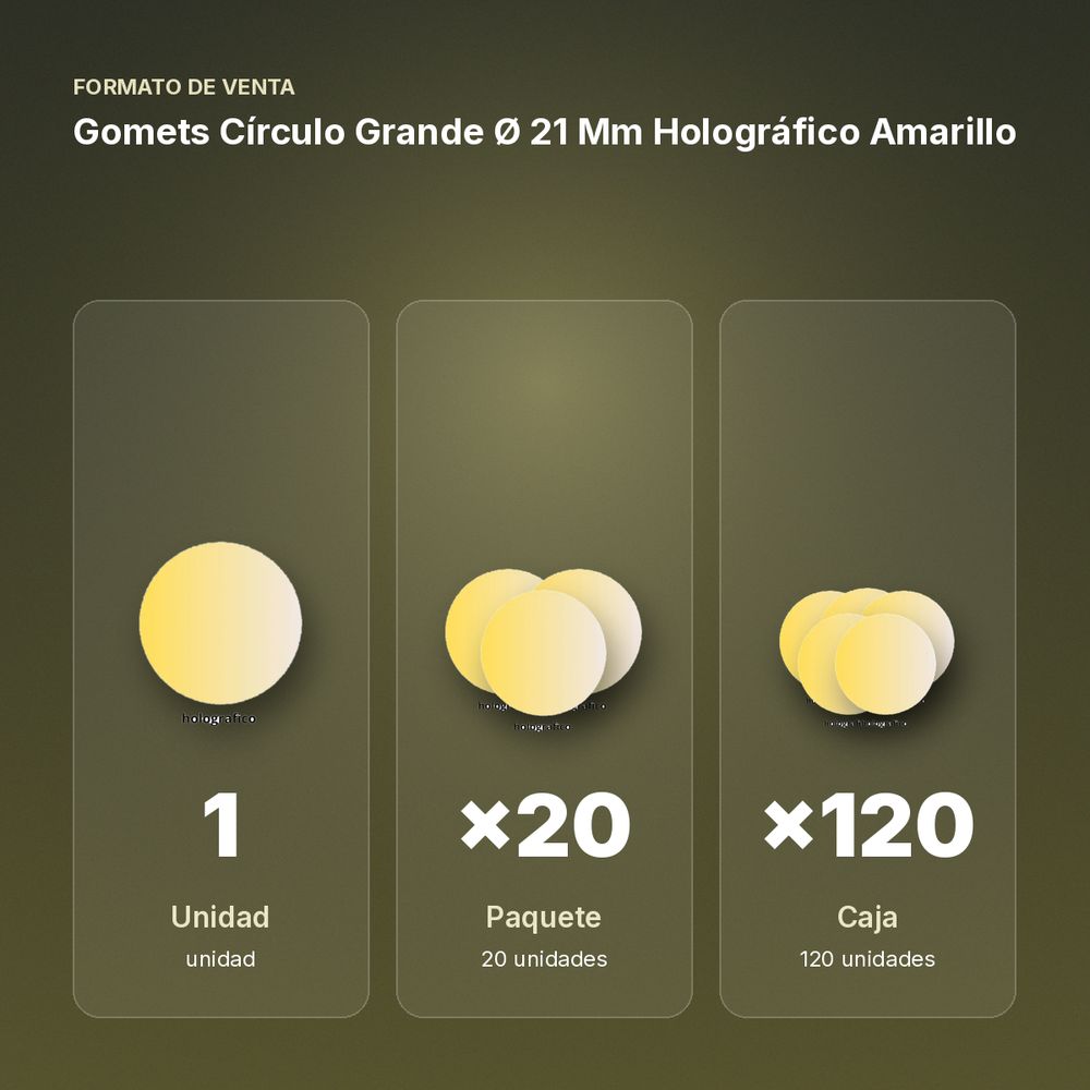 GOMETS CÍRCULO GRANDE Ø 21 MM HOLOGRÁFICO AMARILLO - formato de venta: paquete de 20, caja de 120