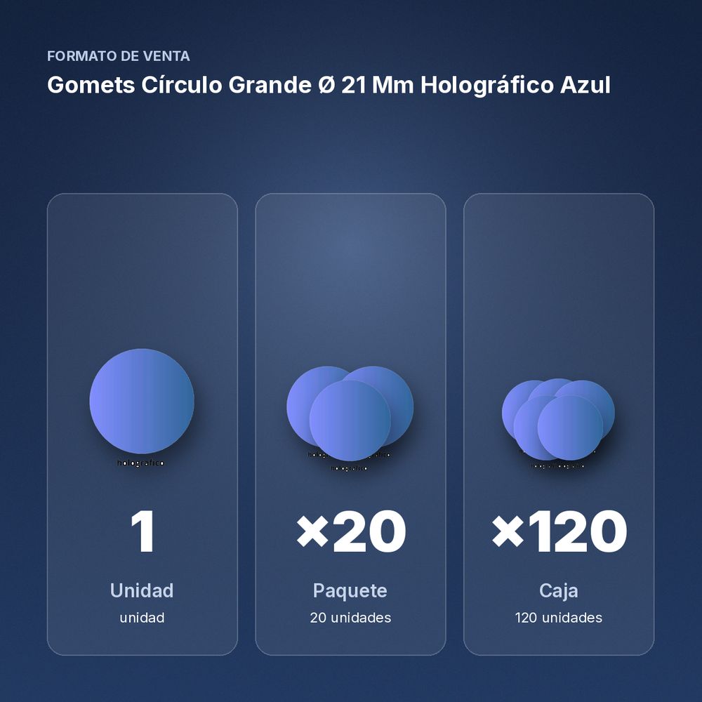 GOMETS CÍRCULO GRANDE Ø 21 MM HOLOGRÁFICO AZUL - formato de venta: paquete de 20, caja de 120