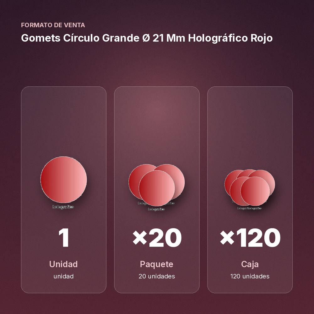 GOMETS CÍRCULO GRANDE Ø 21 MM HOLOGRÁFICO ROJO - formato de venta: paquete de 20, caja de 120
