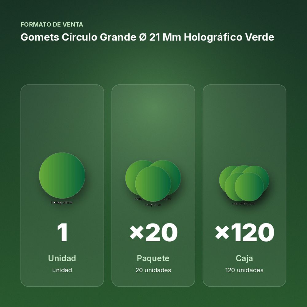 GOMETS CÍRCULO GRANDE Ø 21 MM HOLOGRÁFICO VERDE - formato de venta: paquete de 20, caja de 120