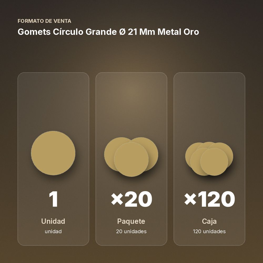 GOMETS CÍRCULO GRANDE Ø 21 MM METAL ORO - formato de venta: paquete de 20, caja de 120