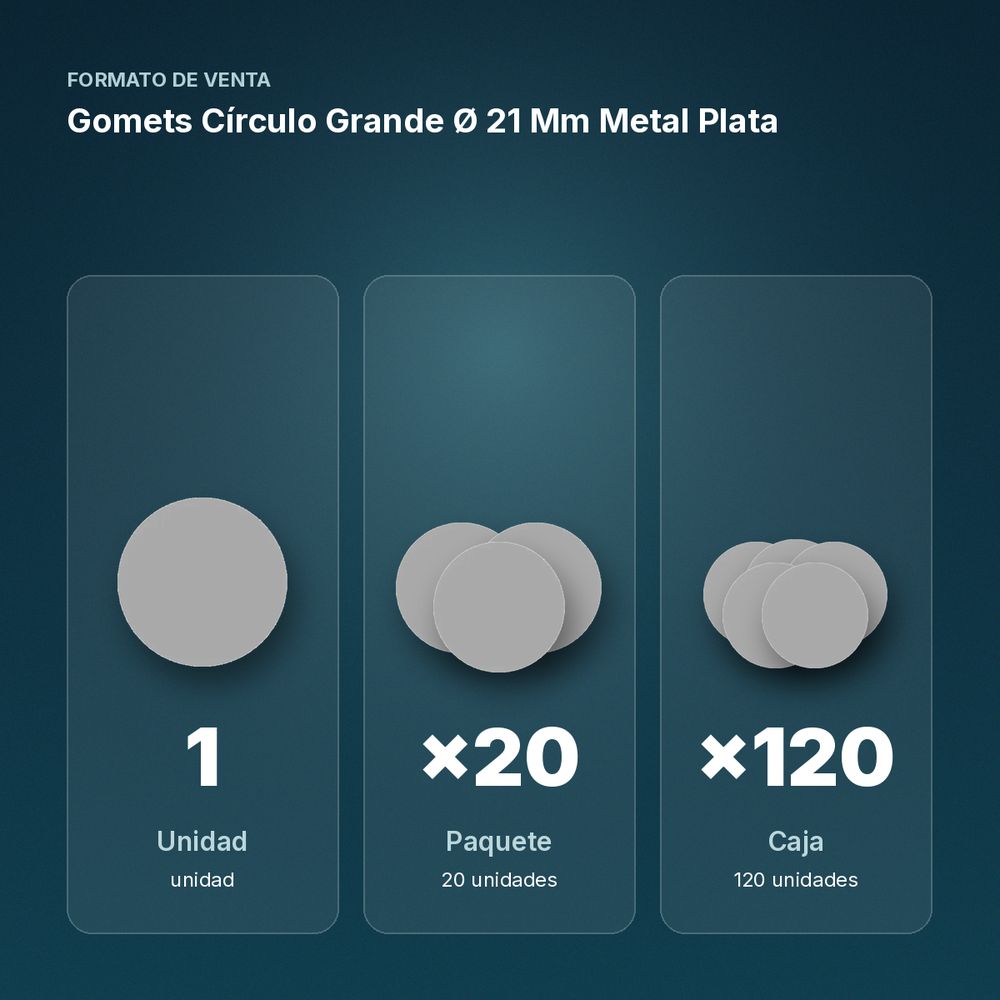 GOMETS CÍRCULO GRANDE Ø 21 MM METAL PLATA - formato de venta: paquete de 20, caja de 120