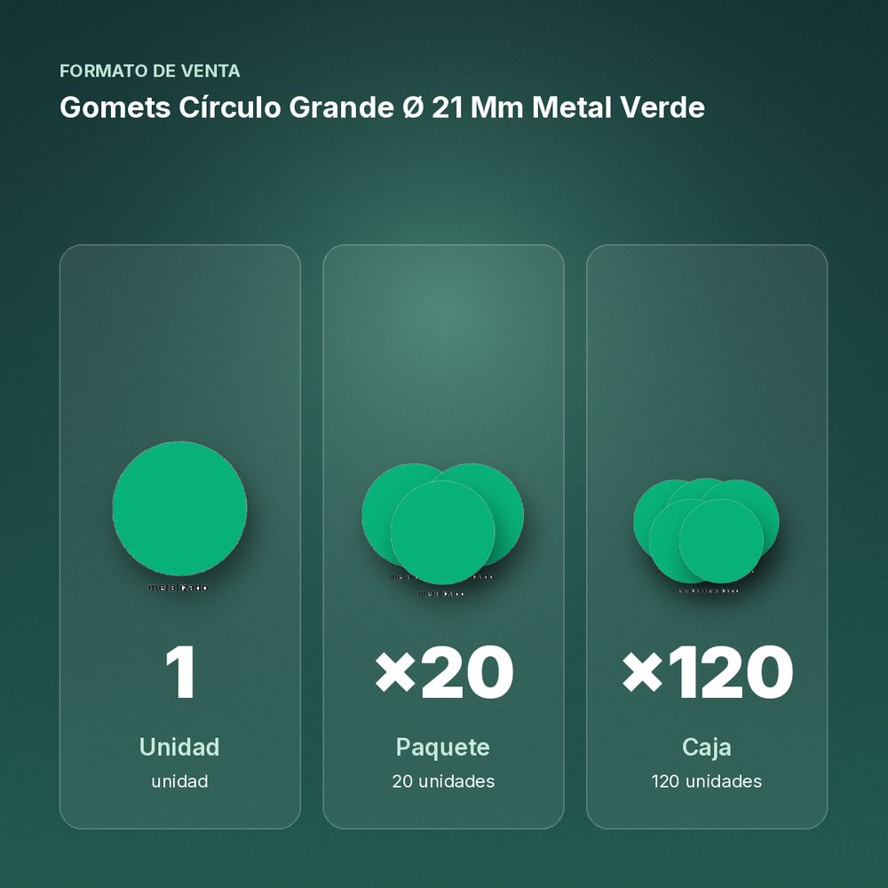 GOMETS CÍRCULO GRANDE Ø 21 MM METAL VERDE - formato de venta: paquete de 20, caja de 120
