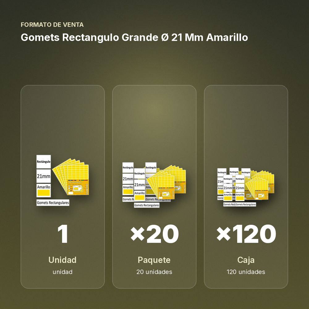 GOMETS RECTANGULO GRANDE Ø 21 MM AMARILLO - formato de venta: paquete de 20, caja de 120