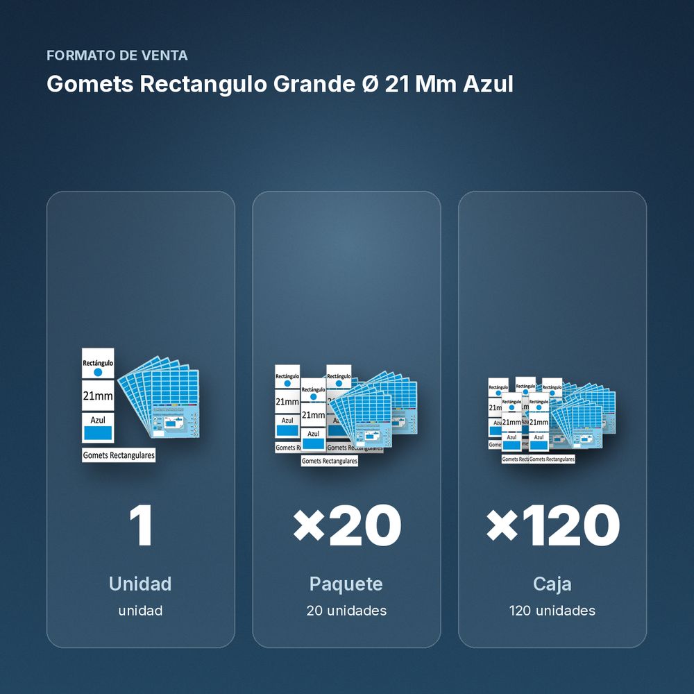GOMETS RECTANGULO GRANDE Ø 21 MM AZUL - formato de venta: paquete de 20, caja de 120