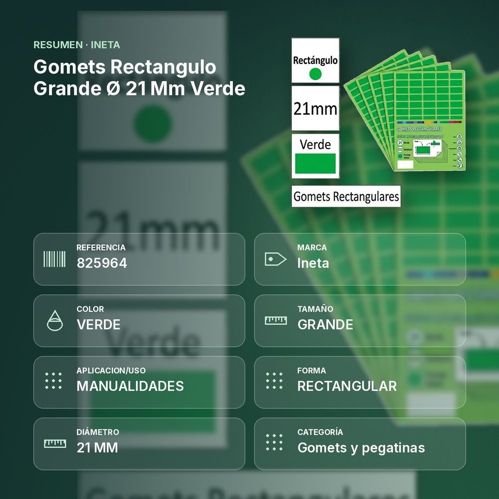 GOMETS RECTANGULO GRANDE Ø 21 MM VERDE - resumen de atributos