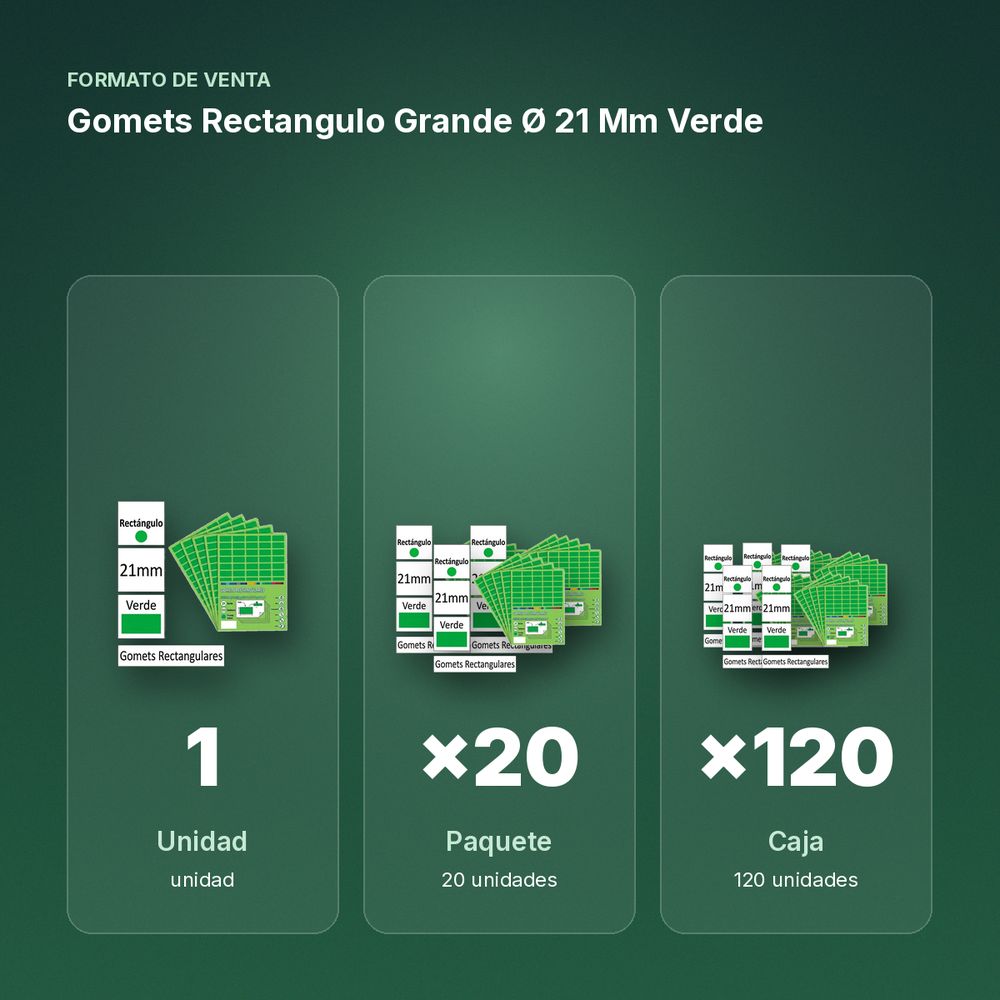 GOMETS RECTANGULO GRANDE Ø 21 MM VERDE - formato de venta: paquete de 20, caja de 120