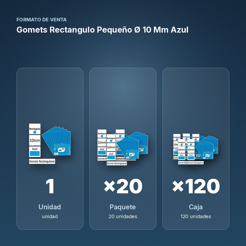GOMETS RECTANGULO PEQUEÑO Ø 10 MM AZUL - formato de venta: paquete de 20, caja de 120