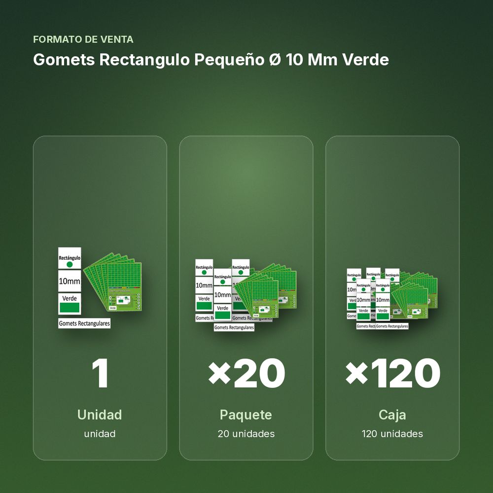GOMETS RECTANGULO PEQUEÑO Ø 10 MM VERDE - formato de venta: paquete de 20, caja de 120