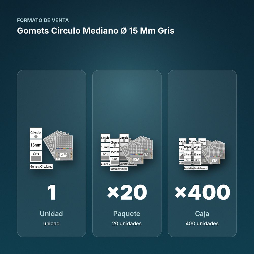 GOMETS CIRCULO MEDIANO Ø 15 MM GRIS - formato de venta: paquete de 20, caja de 400