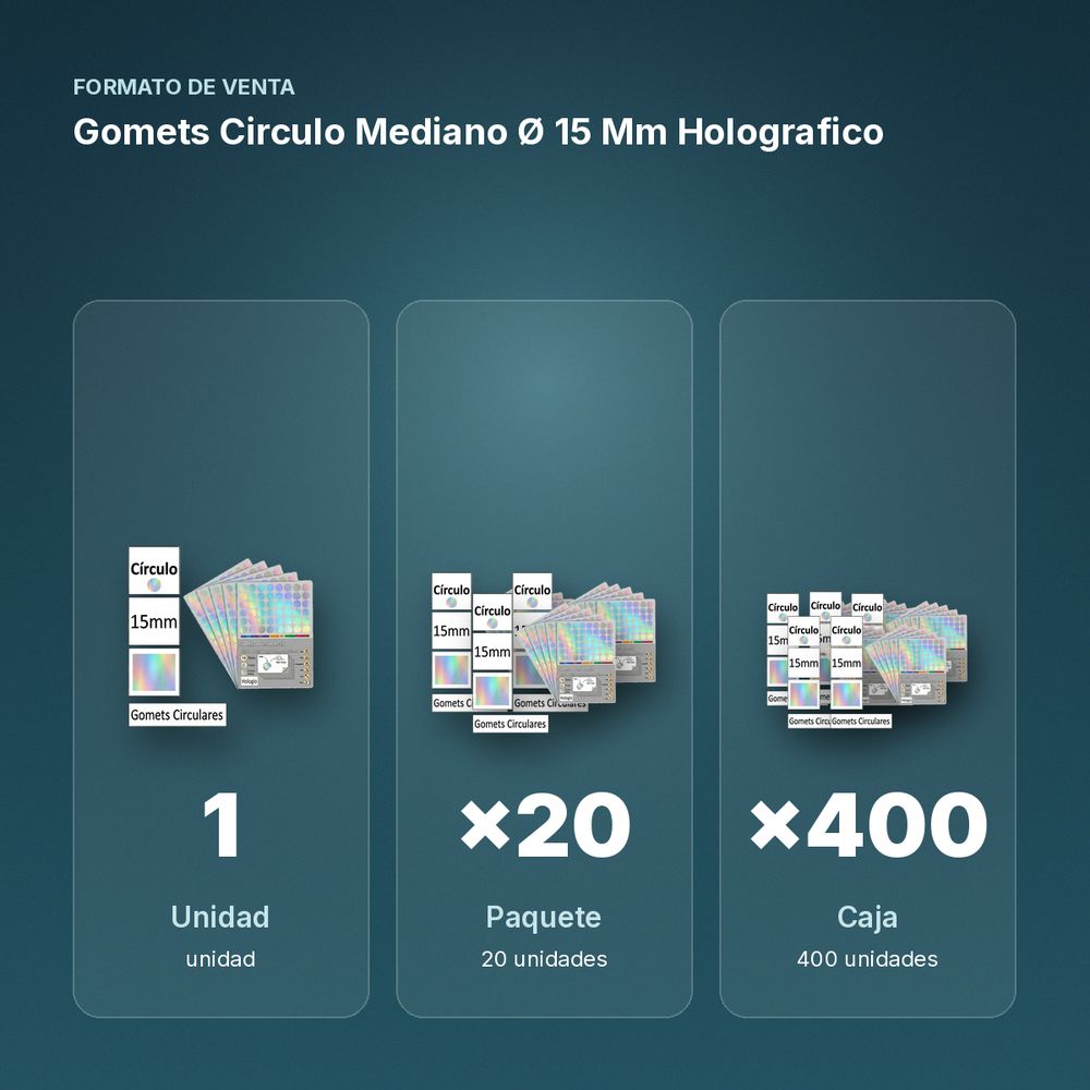 GOMETS CIRCULO MEDIANO Ø 15 MM HOLOGRAFICO - formato de venta: paquete de 20, caja de 400