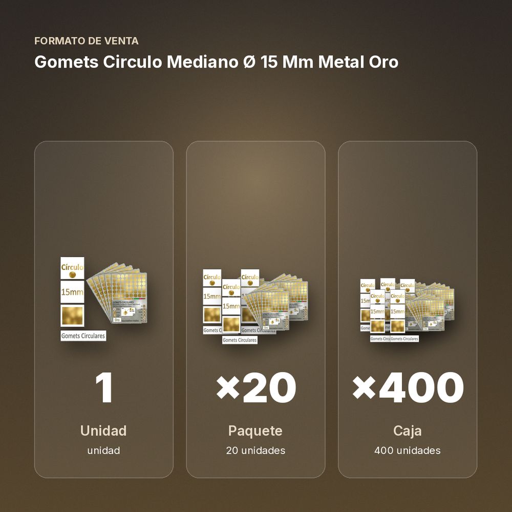 GOMETS CIRCULO MEDIANO Ø 15 MM METAL ORO - formato de venta: paquete de 20, caja de 400