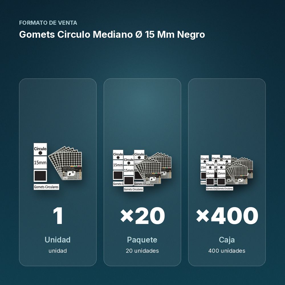 GOMETS CIRCULO MEDIANO Ø 15 MM NEGRO - formato de venta: paquete de 20, caja de 400