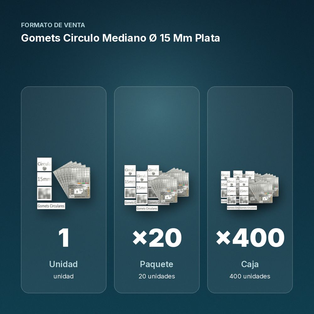 GOMETS CIRCULO MEDIANO Ø 15 MM PLATA - formato de venta: paquete de 20, caja de 400