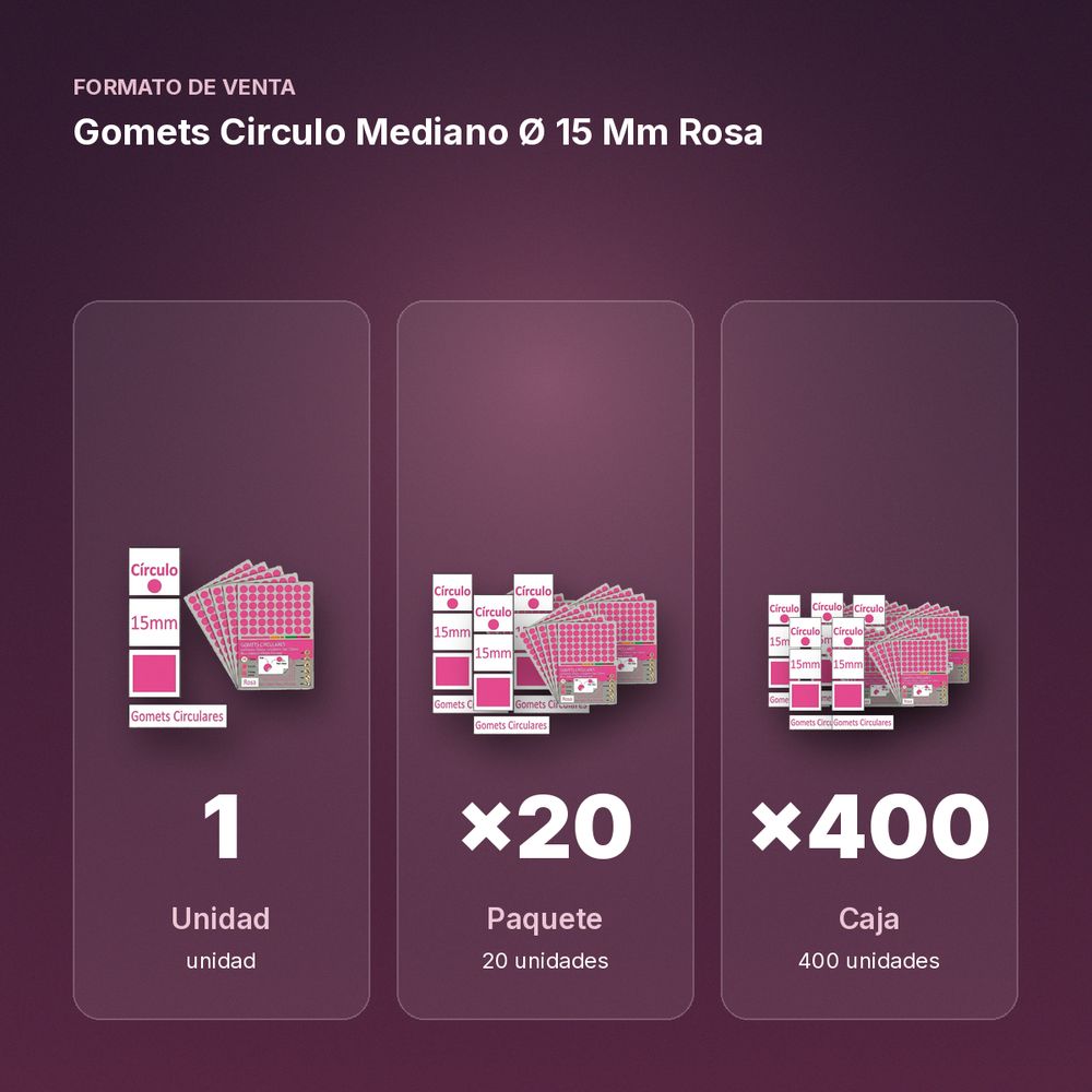 GOMETS CIRCULO MEDIANO Ø 15 MM ROSA - formato de venta: paquete de 20, caja de 400