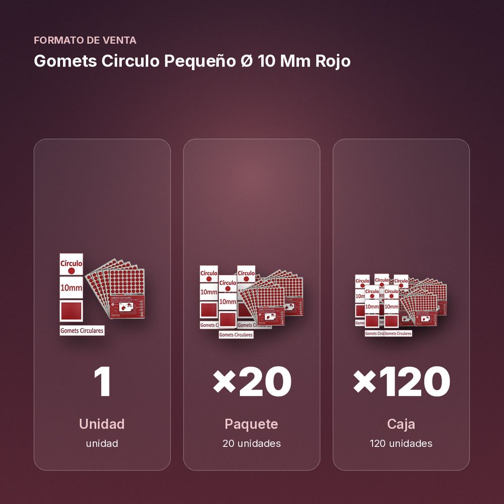 GOMETS CIRCULO PEQUEÑO Ø 10 MM ROJO - formato de venta: paquete de 20, caja de 120