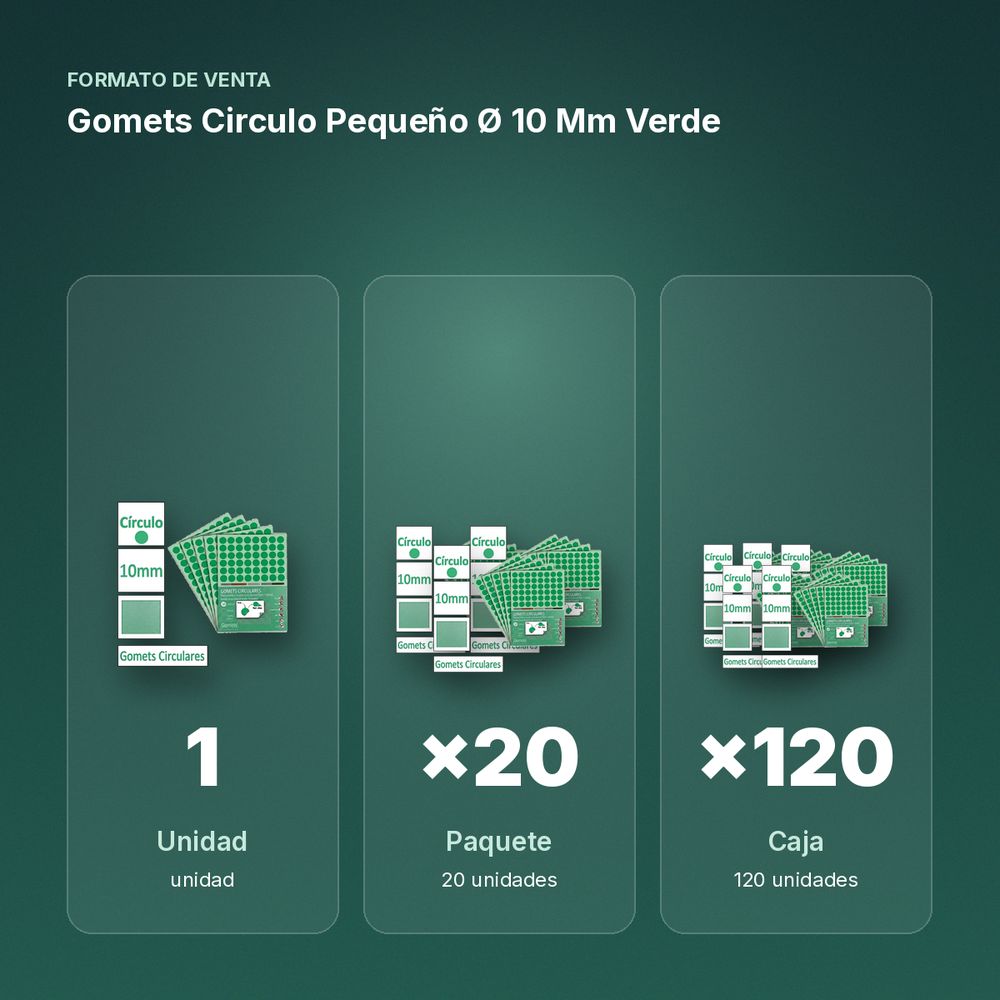 GOMETS CIRCULO PEQUEÑO Ø 10 MM VERDE - formato de venta: paquete de 20, caja de 120