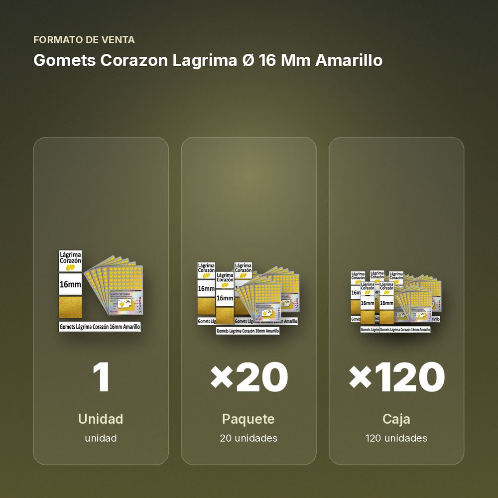 GOMETS CORAZON LAGRIMA Ø 16 MM AMARILLO - formato de venta: paquete de 20, caja de 120