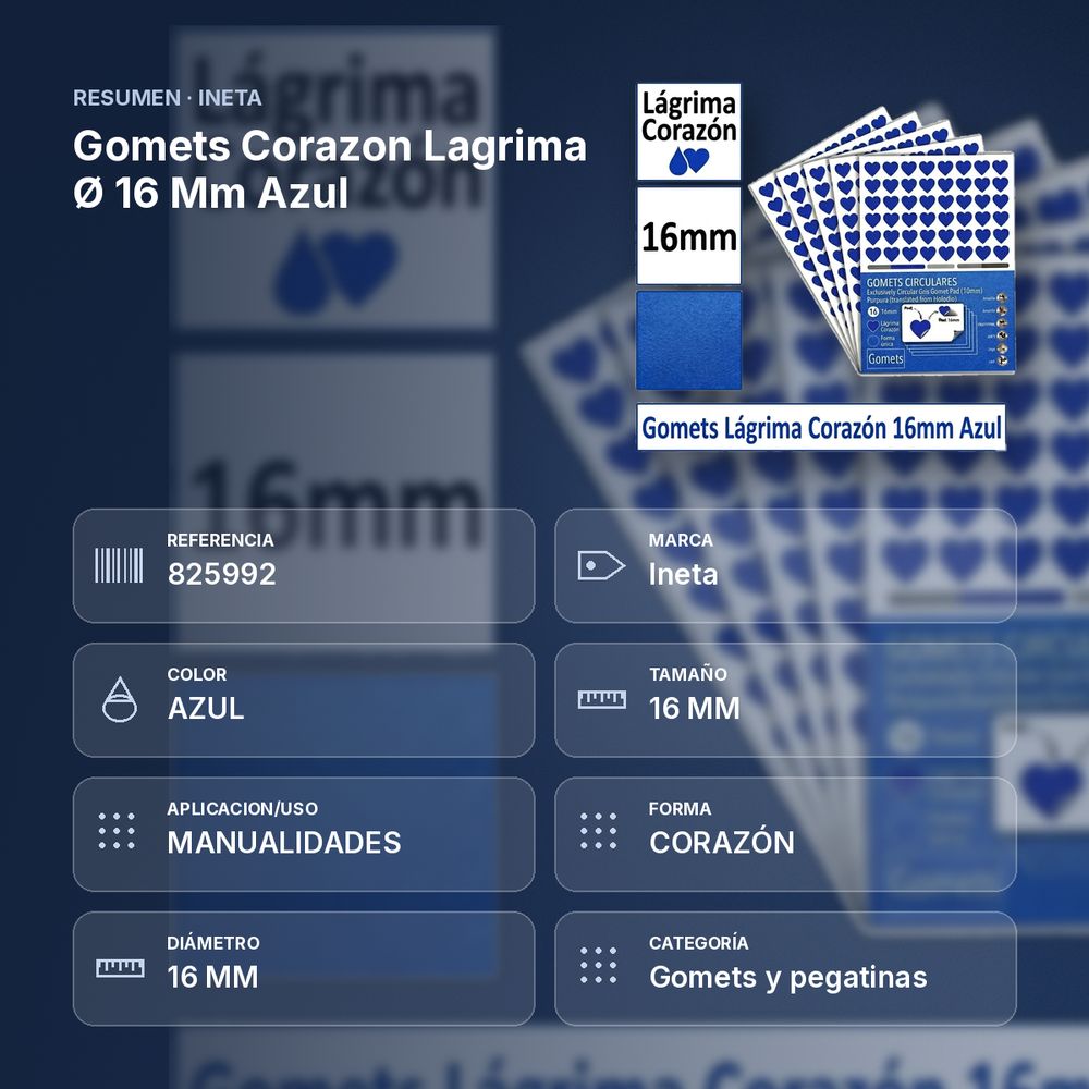GOMETS CORAZON LAGRIMA Ø 16 MM AZUL - resumen de atributos