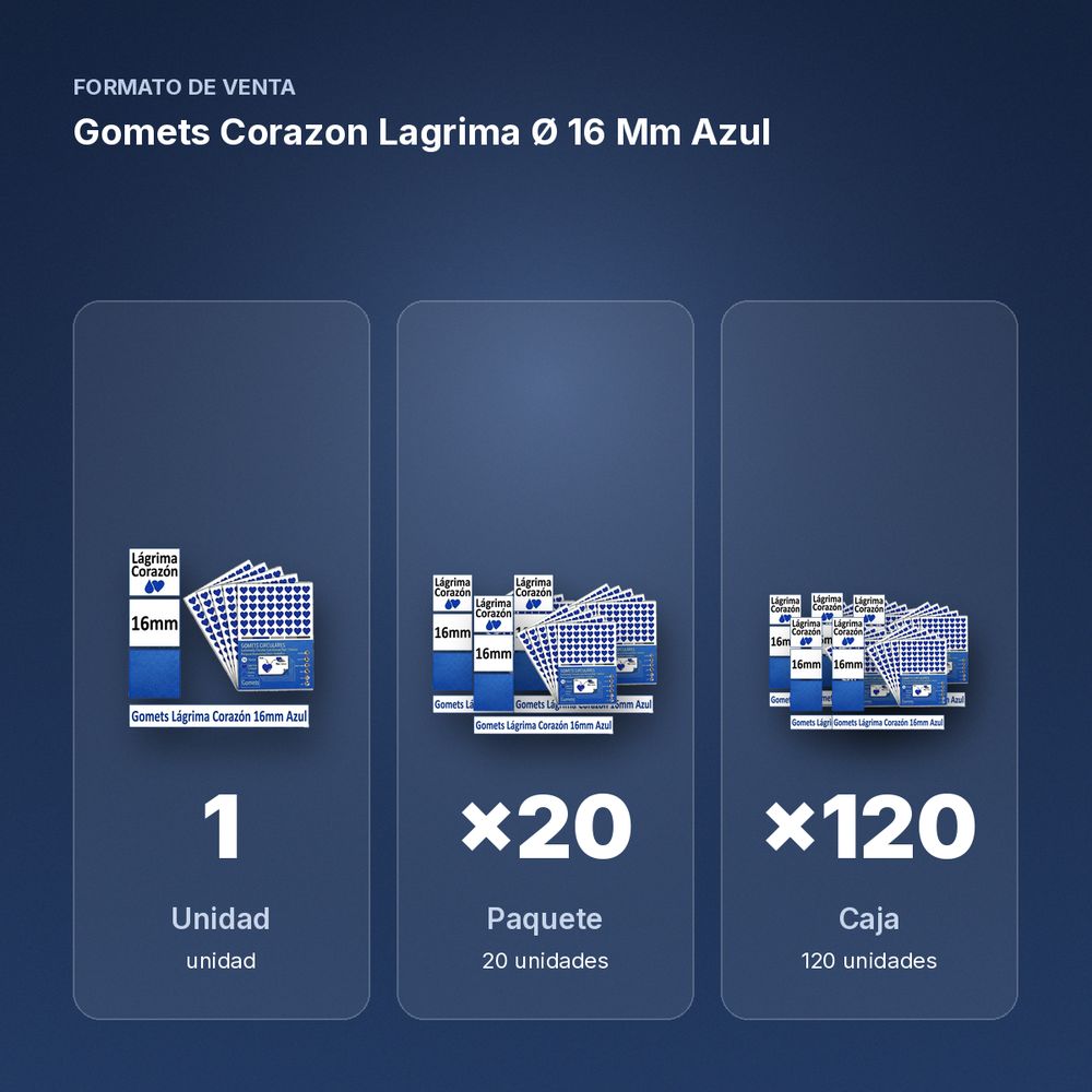 GOMETS CORAZON LAGRIMA Ø 16 MM AZUL - formato de venta: paquete de 20, caja de 120
