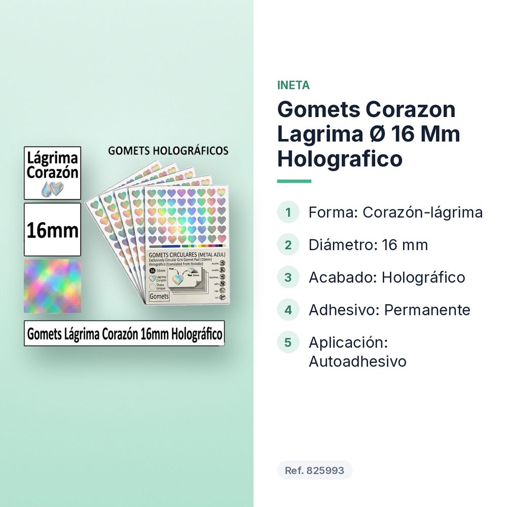 GOMETS CORAZON LAGRIMA Ø 16 MM HOLOGRAFICO - características principales