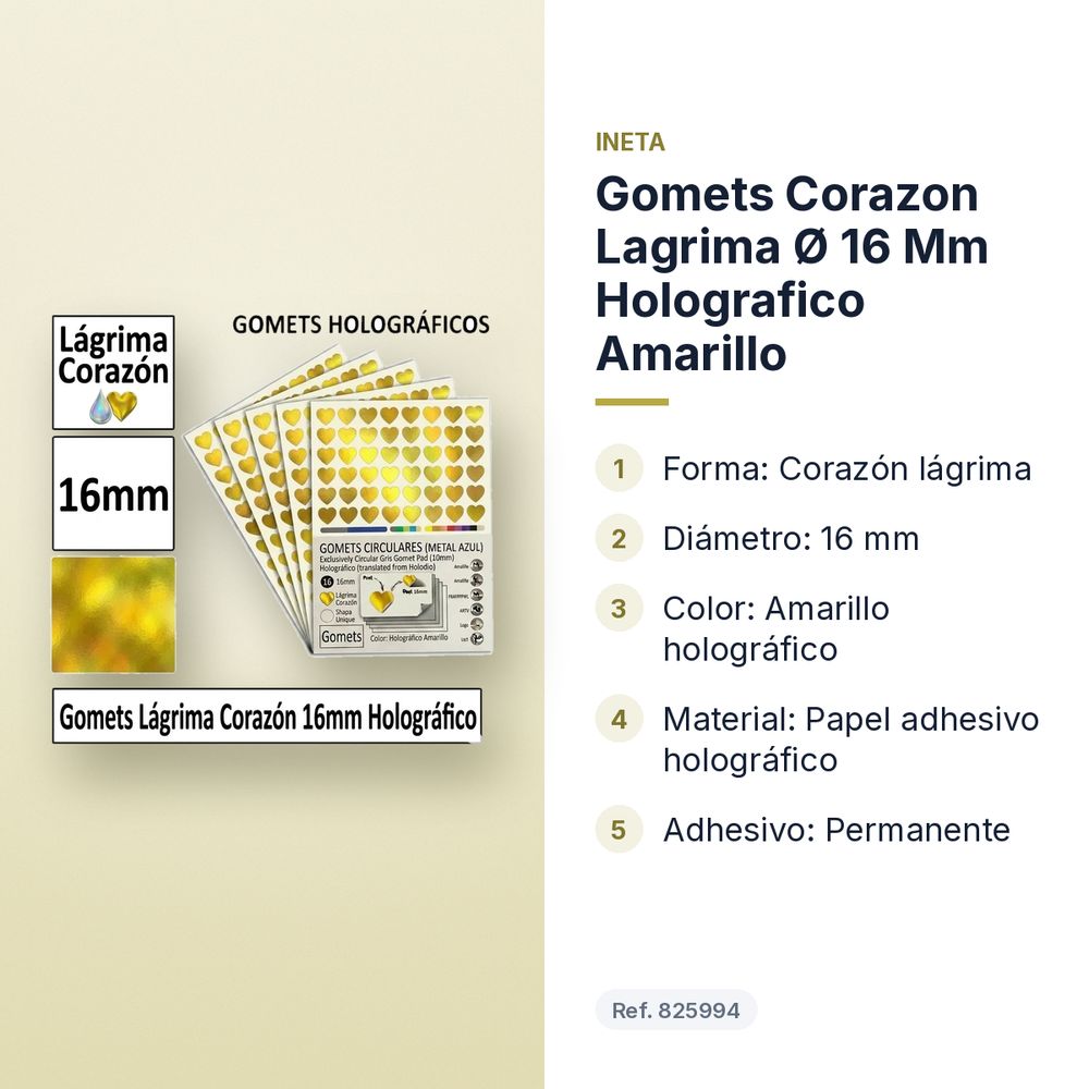 GOMETS CORAZON LAGRIMA Ø 16 MM HOLOGRAFICO AMARILLO - características principales